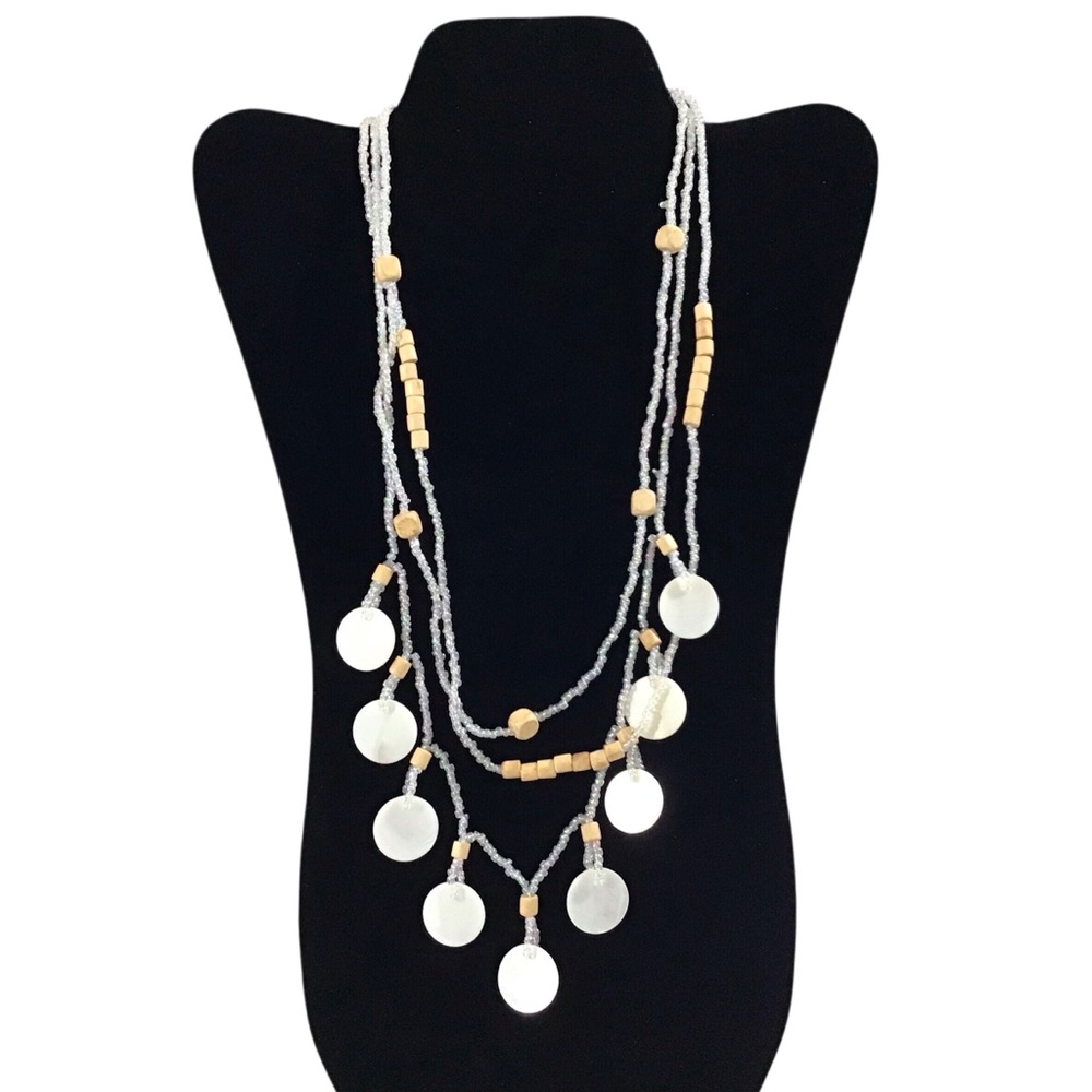 Multi Strand Shell Wood Beaded  Necklace Stack Layered